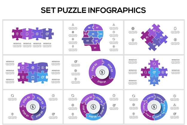 Вектор Настроить инфографику головоломки с 3 4 5 6 8 шагами вариантов частей или процессов шаблон для веб-сайта