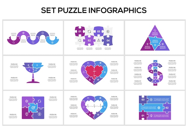 Set Puzzle infographic with 3 4 5 6 8 steps options parts or processes Template for web