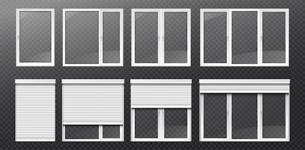 Set of pvc windows collection of blinds closing stages sun protection modern interior or exterior