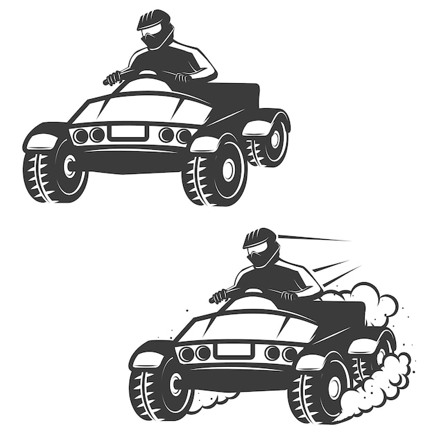 Vector set of quad bike with driver icons  on white background.  elements for logo, label, emblem, sign, brand mark, poster.