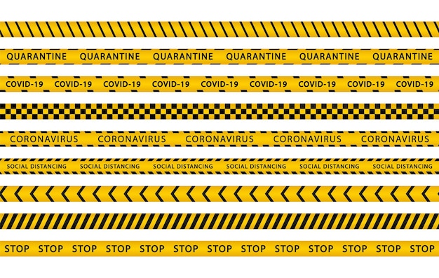 격리 줄무늬 Covid19 검정 및 노란색 경고 테이프 코로나바이러스 위험 영역 세트