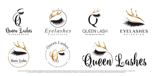 Набор шаблонов дизайна логотипа queen lashes с креативной современной концепцией Premium векторы