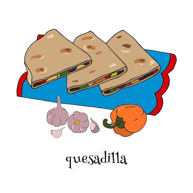 Set of quesadillas on a patterned napkin, garlic and pepper isolated on white background