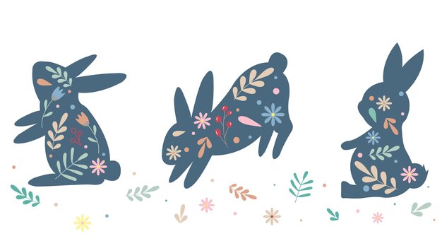Набор силуэтов кролика с цветами, листьями, травой, вектор на белом фоне