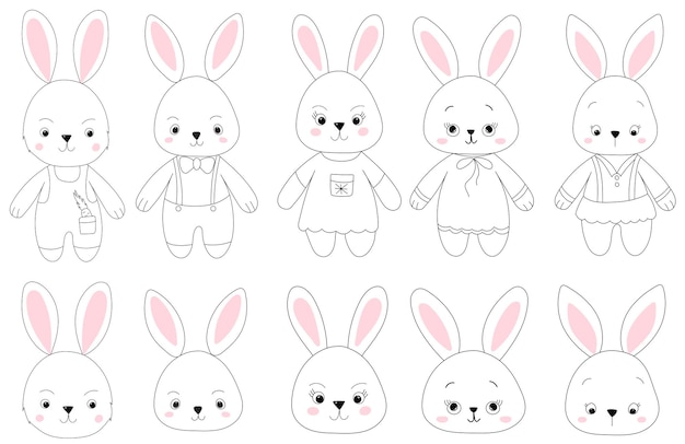 Set rabbits doodle sketch outline isolated vector