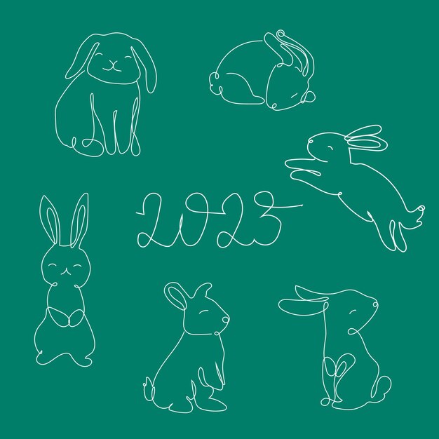 Set of Rabbits in one line with an inscription 2023. Black line vector illustration on green backgro