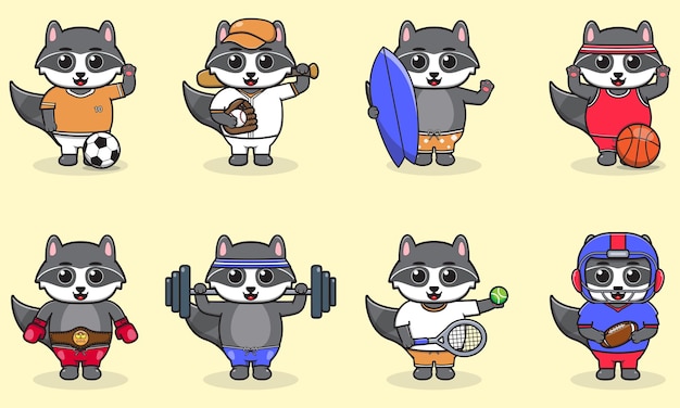 Vector set of raccoon wearing uniform and using sports equipment