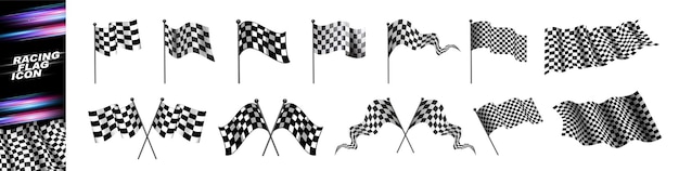 Set of race flags with chequered black and white print Start and finish crossed flags