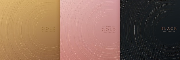 Set di brillantini di lusso circolari radiali che si sovrappongono su sfondo nero oro e oro rosa
