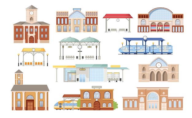 Vector set of railway stations buildings, platforms with seats and trains. modern exterior design, digital display, clock tower