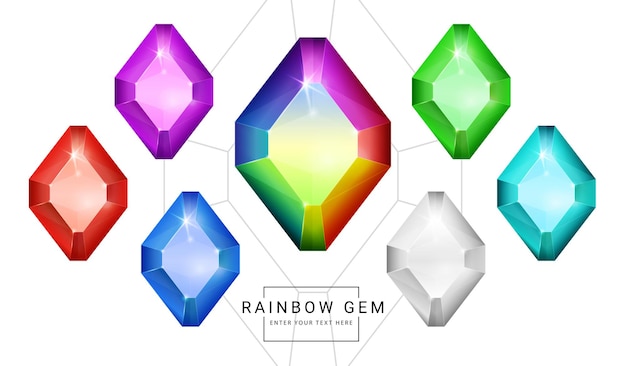 Set of rainbow color fantasy jewelry gems, polygon shape stone for game.