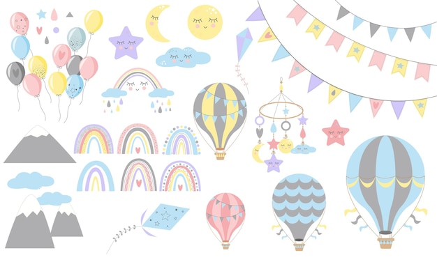 Set of rainbows with hearts, clouds, rain, air baloons, in childish scandinavian style style isolated on white background. perfect for kids, posters, prints, cards, fabric.