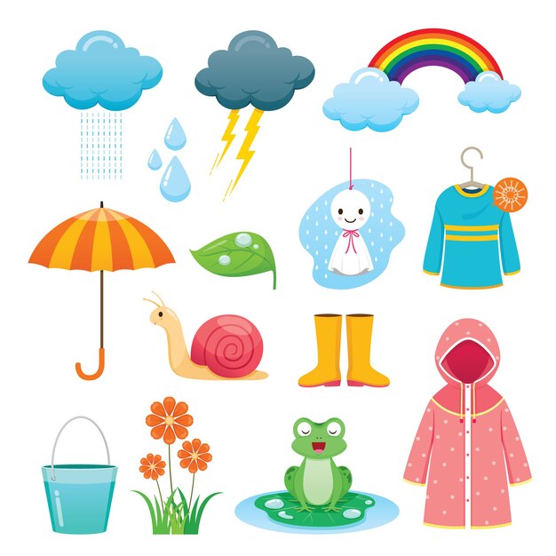 Vector set of rainy season objects