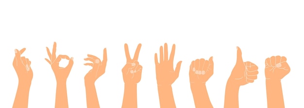 Set di mani umane sollevate con diversi gesti illustrazione vettoriale isolata di mani umane