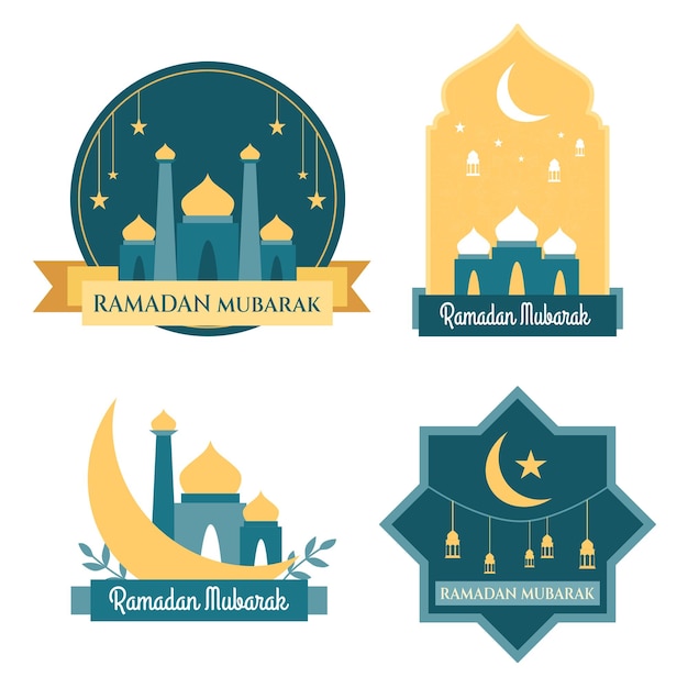 다른 이슬람 요소가 있는 라마단 배지 레이블 또는 스티커 세트