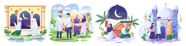 Vettore set di illustrazione del concetto di ramadan i musulmani felici celebrano l'illustrazione del mese santo