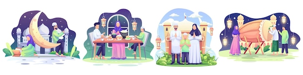 Set di illustrazione del concetto di ramadan il popolo musulmano felice celebra l'illustrazione del mese santo del ramadan