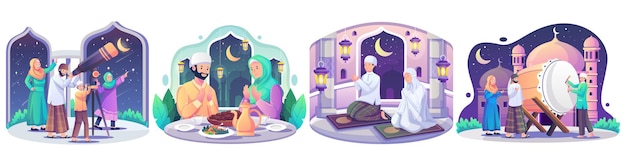 Set of ramadan concept illustration muslim people celebrate holy month ramadan illustration