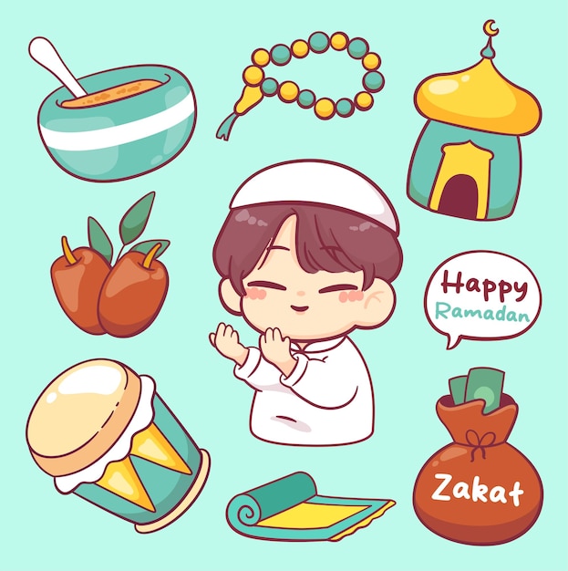 Set of Ramadan doodle elements and muslim boy character collection