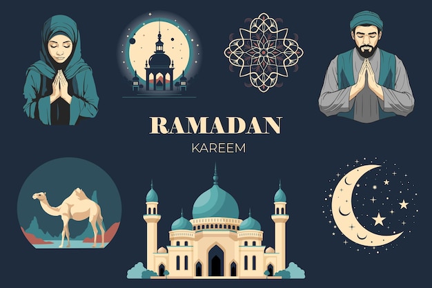 Set of ramadan elements Vector islamic ramadan design Arabic elements for Greetings Prayer camel