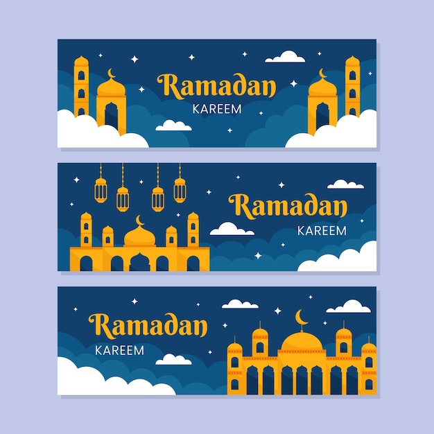 Vector set of ramadan horizontal banner with muslim elements