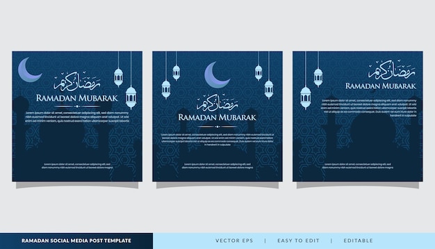 set of ramadan kareem greeting background design with islamic ornament luxury color blue template