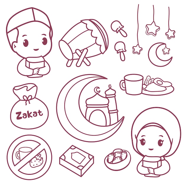 Set of ramadan kawaii doodle muslim kid boy and hijab girl character