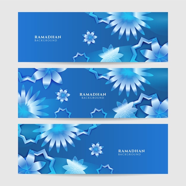 Set di ramadan blu colorato ampio banner design sfondo islamico ramadan kareem banner sfondo con motivo a mezzaluna luna stella moschea lanterna illustrazione vettoriale