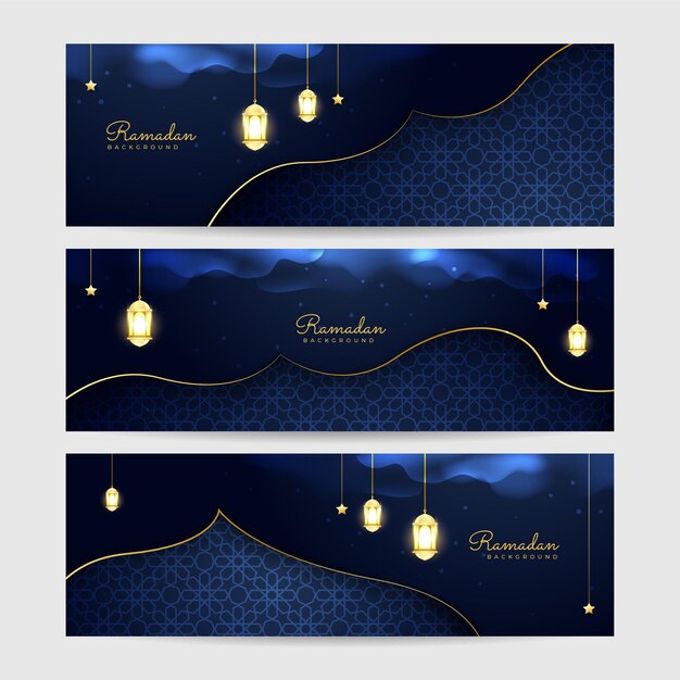 Set of Ramadhan blue colorful wide banner design background