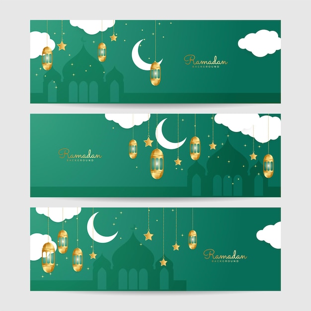 Set di lanterna ramadhan verde oro colorato ampio banner design sfondo