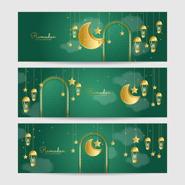 Набор фонарей Рамадан зеленый золотой красочный широкий баннер дизайн фона