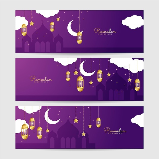 Set di lanterna ramadhan viola oro colorato ampio banner design sfondo