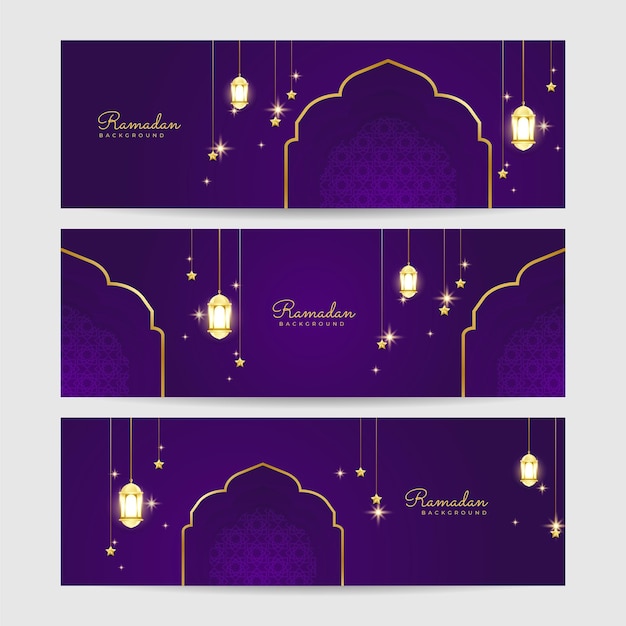 Set di sfondo di design ampio banner colorato viola ramadhan