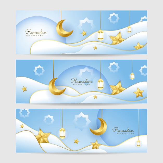 Set of Ramadhan white blue colorful wide banner design background