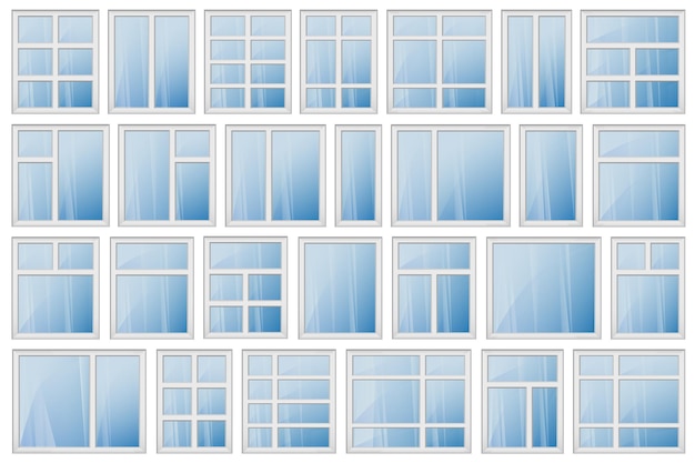 Set ramen met verschillende ontwerpen van kozijnen Glanzende nieuwe ramen met witte kozijnen Huisontwerp