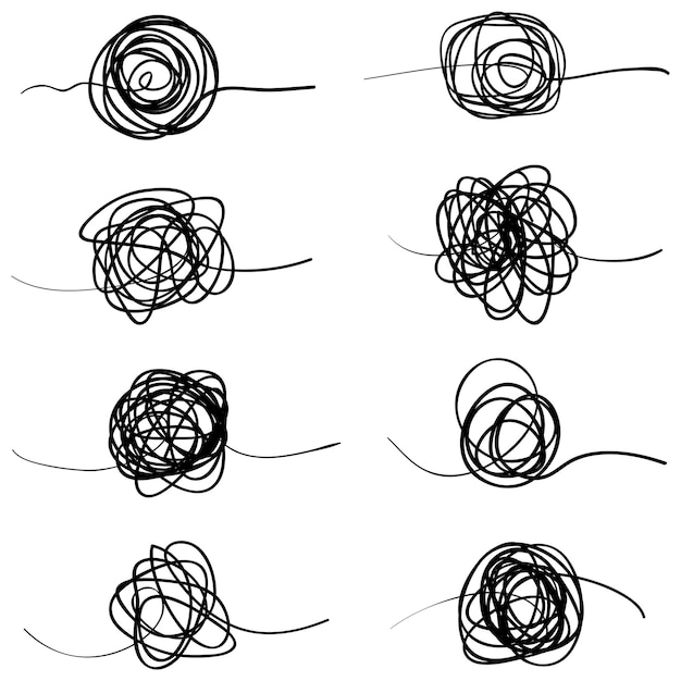Vector set of random chaotic lines hand drawing insane tangled scribble clew vector icon isolated on white