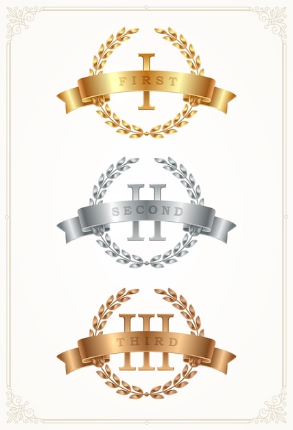 Set of rank award emblems with laurel wreath and ribbon