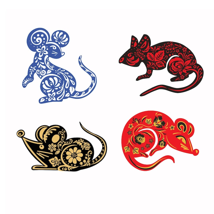 Vector set of rats mice with ethnic painting and vector