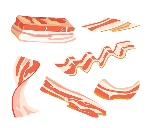 Set di strisce di pancetta cruda o affumicata, sottili fette di grasso di maiale rashers, carne cibo delizioso isolato su sfondo bianco. spuntini di petto o prosciutto, elementi di design. fumetto illustrazione vettoriale, clipart