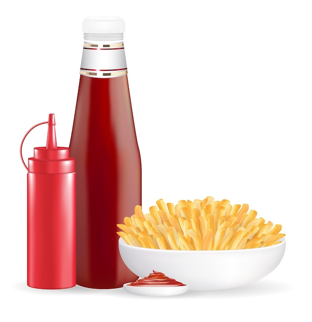 Vector set of real french fries and sauce bottle