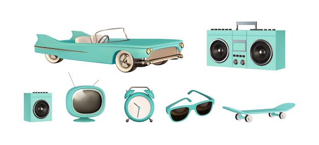 Vector set of realistic 3d design objects, blue convertible car, retro tape recorder, modern sun goggles, vintage tv, sports skateboard, music column, alarm clock. vector illustration