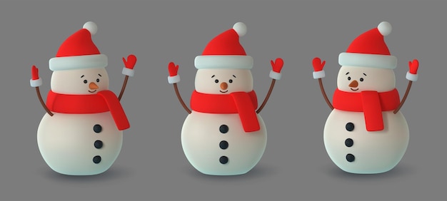 Set realistic 3d funny snowmans Merry Christmas and Happy New Year Vector illustration