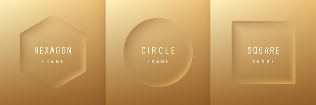 豪華な金色の背景にリアルな3d幾何学的な六角形の円と正方形のボードフレームのセット