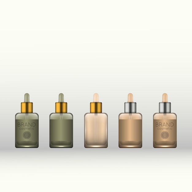 Vector set of realistic 3d gradient color cosmetic bottle mockup.