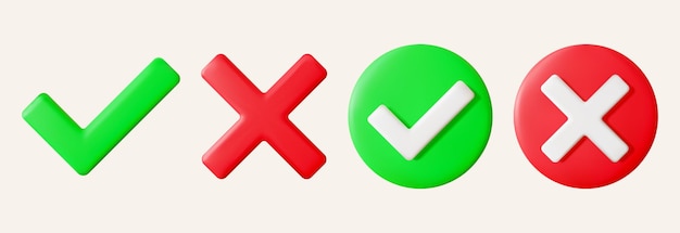 Vector set of realistic 3d green check mark and red cross right and wrong circle buttons