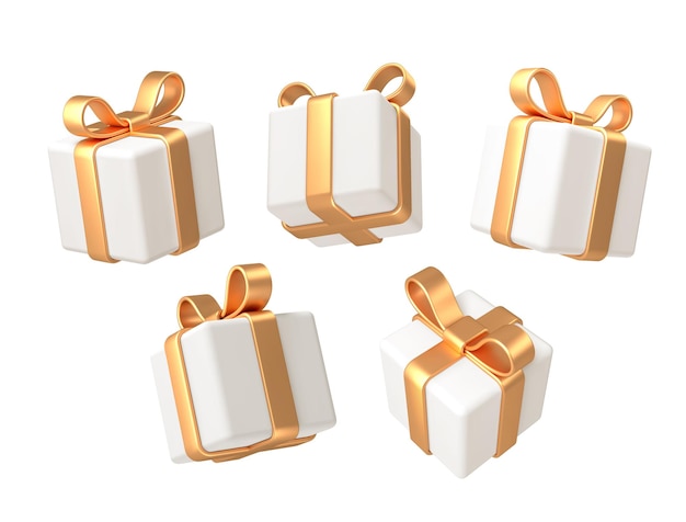 Set of realistic 3d render gift boxes with golden ribbon bow