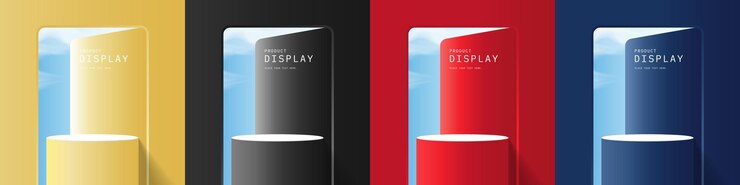 Vector set of realistic 3d white gold black red and blue cylinder podium in front of rectangle door