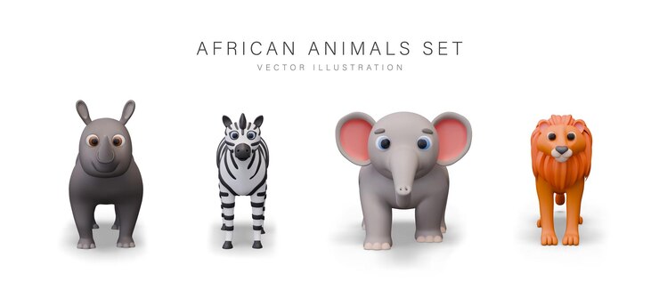 Vector set of realistic african animals front view rhinoceros zebra elephant lion