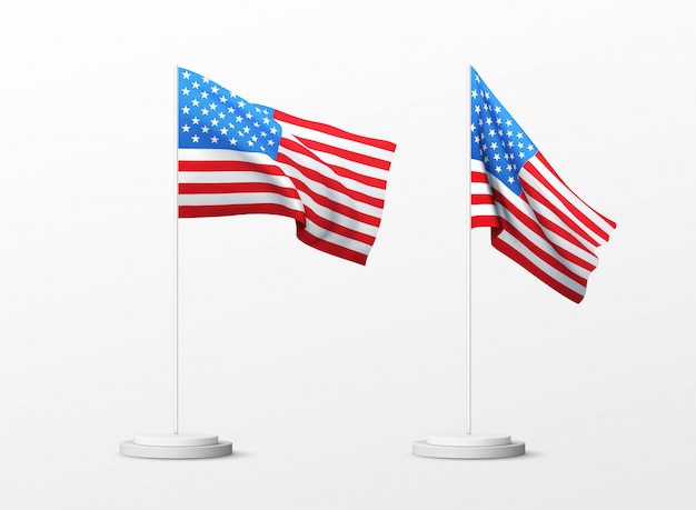 Vector set of realistic american flag isolated on white background.