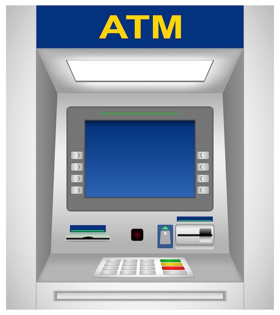 Vector set of realistic atm machine isolated or atm bank cash machine with interface keypad slot for card